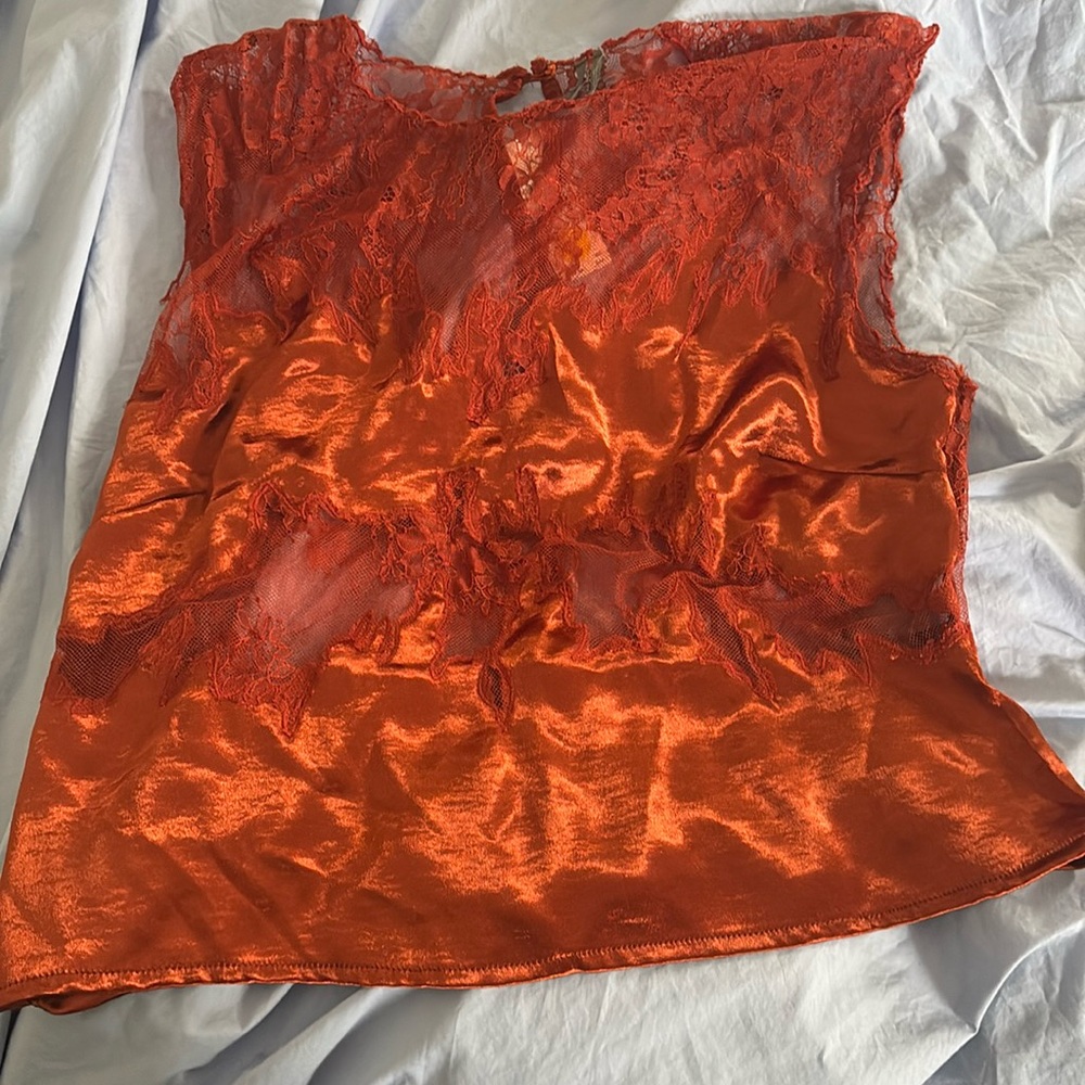 anthropologie silky lace orange-red tank top nwt